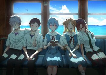 2boys 3girls absurdres arm_around_neck ayanami_rei black_pants black_pantyhose blue_hair blue_hairband blue_skirt book brown_hair closed_eyes closed_mouth collared_shirt commentary_request day drooling facing_viewer feet_out_of_frame glasses green_necktie grey_hair hairband highres holding holding_book ikari_shinji interface_headset_(evangelion) long_hair looking_at_viewer makinami_mari_illustrious multiple_boys multiple_girls nagisa_kaworu neck_ribbon necktie neon_genesis_evangelion ocean open_book open_mouth pants pantyhose parted_lips plaid_clothes plaid_skirt rebuild_of_evangelion red-framed_eyewear red_eyes red_ribbon ribbon school_uniform shirt short_hair short_sleeves shupita side-by-side skirt sleeping socks souryuu_asuka_langley sunlight suspender_skirt suspenders tokyo-3_middle_school_uniform train_interior undershirt water white_shirt white_socks window