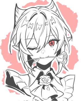 1girl arknights ascot commentary corrupted_twitter_file cropped_shoulders entelechia_(arknights) flower hair_between_eyes hair_horns highres looking_at_viewer lucia_(luciatehe) mole mole_under_eye mouth_hold one_eye_closed partially_colored pointy_ears red_eyes rose short_hair smile solo star-shaped_pupils star_(symbol) symbol-only_commentary symbol-shaped_pupils