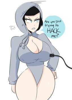 1girl angry black_hair blue_eyes breasts eyebrows_hidden_by_hair grey_sweater hacking hand_on_own_hip highres hood hoodie jinu_(jinusenpai) original plug sex_doll shakira solo sweater thick_thighs thighs usb wide_hips wm_doll