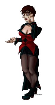 1girl absurdres breasts brown_hair dress female_focus hand_up highres huge_breasts large_breasts looking_at_viewer pantyhose pps0226 red_eyes see-through_clothes shoes short_hair shorts skirt socks standing tan the_king_of_fighters thick_thighs thighs vice_(kof) wide_hips