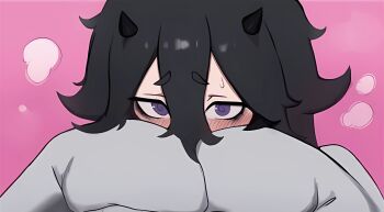 Rule 34 | 1girl, black hair, blush, demon horns, embarrassed, hina (my shut-in demon), horns, long sleeves, looking at viewer, medium hair, messy hair, my shut-in demon, oversized clothes, pink background, purple eyes, simple background, sleepy, solo, sweat, sweater