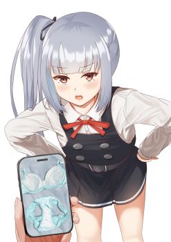 1girl 1other :o annoyed black_dress black_ribbon blue_bra blue_panties blush bra breasts brown_eyes buttons collared_shirt commentary_request double-breasted dress hair_ribbon hands_on_own_hips highres holding holding_phone kantai_collection kasumi_(kancolle) leaning_forward long_hair long_sleeves looking_at_viewer neck_ribbon panties phone photo_(object) red_ribbon ribbon shirt short_dress small_breasts solo_focus underwear very_long_hair white_shirt zuki