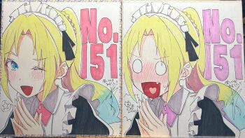 0_0 1girl :d ;d black_dress blonde_hair blue_eyes blue_hair blush cho_toutoi_love commentary_request curtained_hair dress gradient_hair heart heart_in_mouth highres link!_like!_love_live! long_hair looking_at_viewer love_live! maid maid_headdress multicolored_hair multiple_views nose_blush one_eye_closed open_mouth osawa_rurino own_hands_together parted_bangs puffy_sleeves shikishi simple_background smile spoken_star star_(symbol) sweatdrop twintails v-shaped_eyebrows virtual_youtuber white_background yaa-kun