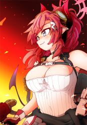 Rule 34 | blue archive, blue eyes, breasts, chest harness, cleavage, closed mouth, collarbone, covered navel, demon horns, embers, flamethrower, floating hair, goggles, goggles on head, hair ornament, hairclip, halo, hand on own hip, hariyaa, harness, highres, holding, holding weapon, horns, megu (blue archive), pointy ears, pouch, red hair, red halo, shirt, sleeveless, sleeveless shirt, smile, striped clothes, striped shirt, tight clothes, tight shirt, two-tone gloves, vertical-striped clothes, vertical-striped shirt, weapon, white shirt