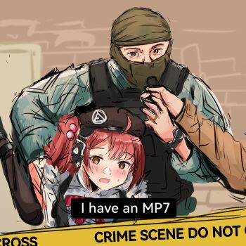 1boy 1girl 1other @_@ absurdres administrative_results balaclava beret black_headwear black_pantyhose blue_shirt blush body_armor bow bowtie brown_eyes bulletproof_vest carrying carrying_person carrying_under_arm caution_tape collared_shirt crime_scene english_text eyelashes girls'_frontline hair_ornament hand_up hat headphones highres holding interview long_sleeves looking_at_viewer microphone mp7_(girls'_frontline) one_side_up open_mouth out_of_frame outdoors pantyhose parted_bangs real_life red_bow red_bowtie red_hair rennn_(ilobeste) scene_reference shirt sidelocks sketch subtitled sweatdrop watch wavy_mouth white_shirt wristwatch