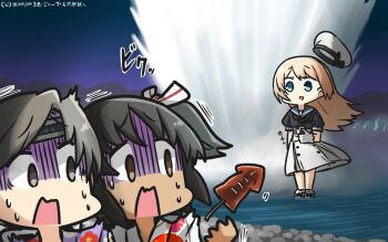 3girls :d alternate_costume black_hair blonde_hair blue_eyes blue_sailor_collar brown_eyes chitose_(kancolle) commentary_request dated gloves grey_eyes grey_hair hamu_koutarou hat highres hitodama holding ikayaki japanese_clothes jervis_(kancolle) kantai_collection kimono long_hair multiple_girls nagara_(kancolle) obi open_mouth print_kimono puffy_short_sleeves puffy_sleeves sailor_collar sash short_hair short_sleeves smile standing standing_on_liquid surprised switch white_gloves white_hat yukata