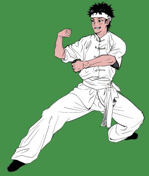 1boy alternate_costume black_hair chinese_clothes commentary english_commentary fighting_stance green_background highres kung_fu male_focus momoyoru1 naruto_(series) naruto_shippuuden pants short_hair simple_background solo uchiha_shisui white_pants