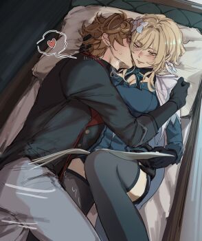 1boy 1girl aitsuwu black_gloves blonde_hair brown_hair commentary cuddling english_commentary genshin_impact gloves hair_ornament heart highres humping kiss kissing_neck lumine_(genshin_impact) lying on_bed reading tartaglia_(genshin_impact) thighhighs twitter_username