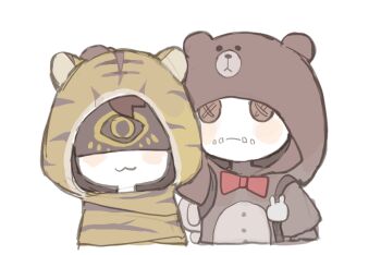 2boys :3 animal_hood animated animated_gif bear_hood blindfold blush_stickers bow bowtie button_eyes buttons chibi eli_clark eli_clark_(longing_tiger) hood identity_v male_focus multiple_boys naib_subedar naib_subedar_(brown) onesie petting red_bow red_bowtie tiger_hood zao_li_(alilililioxo)