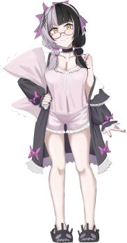 1girl absurdres alternate_costume black_coat black_hair black_nails braid breasts choker cleavage closed_mouth coat commentary english_commentary full_body glasses grey_hair hair_ornament highres holding holding_pillow hololive hololive_english large_breasts looking_at_viewer mmneko multicolored_hair pajamas pillow pink_pajamas shiori_novella simple_background slippers smile solo split-color_hair twin_braids two-tone_hair virtual_youtuber white_background yellow_eyes yorick_(shiori_novella)