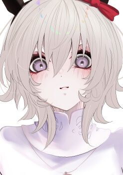 1girl absurdres animal_ears blue_eyes blush bow closed_mouth commentary_request curren_chan_(casual)_(umamusume) curren_chan_(umamusume) ear_bow grey_hair highres horse_ears horse_girl jewelry looking_at_viewer necklace niihiro216 red_bow shirt short_hair solo sweater_vest umamusume variant_set veil white_shirt white_veil