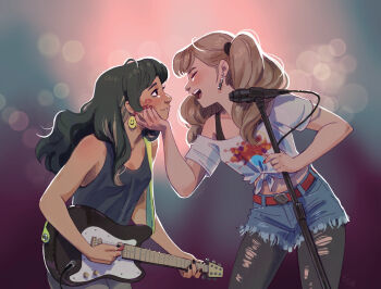 2girls backlighting band_(music) black_hair black_tank_top blonde_hair blurry blush bokeh closed_eyes commission concert crop_top denim denim_shorts depth_of_field electric_guitar grabbing_another&#039;s_chin guitar hand_on_another&#039;s_chin holding holding_microphone_stand instrument leggings lipstick_mark long_hair looking_at_another microphone_stand multiple_girls music off-shoulder_shirt off_shoulder original playing_guitar playing_instrument shirt shorts singing smiley_face_earrings stage tank_top tied_shirt toned toned_female torn_clothes torn_leggings twintails vasira96 yuri zipper_earrings