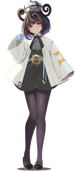 1girl absurdres belt belt_buckle black_dress black_hair black_shoes blue_gloves blush bob_cut buckle closed_mouth coat dress eyelashes full_body gloves gradient_hair gwynn_(pokemon) highres long_sleeves looking_at_viewer momdy_(talesshinja) multicolored_hair nintendo o-ring o-ring_belt open_clothes open_coat pantyhose partially_fingerless_gloves pointing pointing_at_viewer pokemon pokemon_legends:_z-a purple_eyes purple_hair shoes short_hair solo standing white_background white_coat wide_sleeves