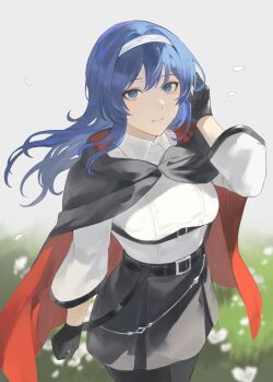 1girl absurdres adjusting_hair arm_at_side arm_up belt black_belt black_cloak black_gloves black_pantyhose black_skirt black_trim blue_eyes blue_hair blurry breasts cloak closed_mouth collared_shirt commission cowboy_shot day depth_of_field falling_petals field flower fog framed_breasts gloves grass grey_sky hairband harness highres legs_together light_smile long_hair long_sleeves looking_at_viewer medium_breasts original outdoors pantyhose petals red_cloak second-party_source shirt skeb_commission skirt sky solo split_mouth standing two-sided_cloak two-sided_fabric underbust wallet_chain white_flower white_hairband white_petals white_shirt wind wing_collar yct_(yoct_o)