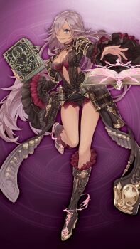 1girl ammunition blue_eyes book boots brown_boots choker clothing_cutout dark-skinned_female dark_skin floating floating_book floating_object frilled_sleeves frills full_body grin hair_over_one_eye long_hair looking_at_viewer navel_cutout one_eye_covered purple_background purple_hair smile solo