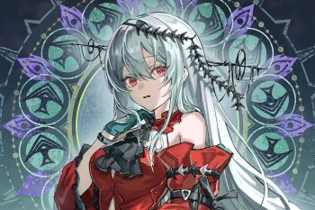 1girl aqua_gloves arknights ascot black_ascot commentary detached_sleeves gloves grey_hair hair_between_eyes hair_ornament hand_up highres infection_monitor_(arknights) long_hair looking_at_viewer mira_(345toron) parted_lips red_eyes skadi_(arknights) skadi_the_corrupting_heart_(arknights) solo symbol-only_commentary upper_body