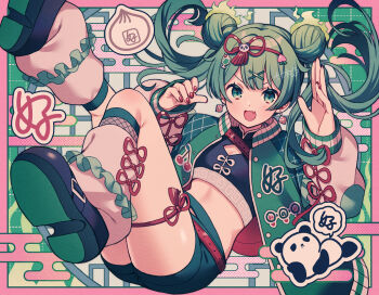 1girl :d amagi_hana bow commentary_request dice dice_earrings double_bun earrings green_eyes green_hair green_jacket green_shoes green_shorts green_theme hair_bun hair_ornament hao_(vocaloid) hatsune_miku highres jacket jewelry limited_palette looking_at_viewer nail_polish open_mouth panda red_bow shoes shorts smile thigh_strap twintails vocaloid x_hair_ornament