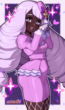 1girl brown_lips dark-skinned_female dark_skin dress drill_hair eyelashes fishnet_pantyhose fishnets gloves highres jacinthe_(pokemon) long_hair nintendo own_hands_together pantyhose pencil_skirt pink_dress pokemon pokemon_legends:_z-a purple_hair sarukaiwolf skirt smile solo twin_drills very_dark_skin very_long_hair