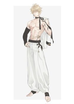 1boy arm_tattoo arm_up barefoot black_ribbon blonde_hair chandelier_earrings closed_mouth compression_sleeve earrings frown hair_between_eyes hand_on_own_hip hashtag-only_commentary highres holding holding_unworn_clothes honkai:_star_rail honkai_(series) hsgbjisuw jewelry male_focus neck_ribbon neck_tattoo pants phainon_(honkai:_star_rail) piercing ribbon shirt solo standing sun_symbol sun_tattoo tan tattoo white_pants white_shirt yellow_eyes