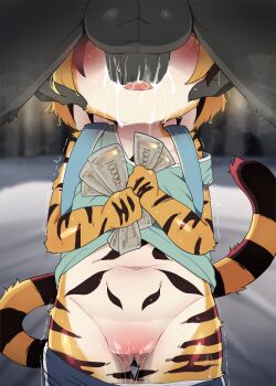 1boy 1girl aqua_shirt backpack bag black_hair child clothes_pull cum cum_in_mouth cum_on_body dagasi facial fellatio furry furry_female furry_male furry_with_furry gluteal_fold hetero highres irrumatio kohaku-chan_(dagasi) loli money multicolored_hair oral orange_hair original penis prostitution pull pussy pussy_juice randoseru shirt short_hair shorts tail testicles tiger_girl tiger_tail two-tone_hair uncensored