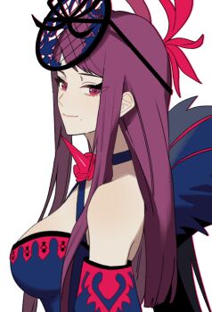 1girl bare_shoulders breasts brooch cleavage commentary dr_metagross dress english_commentary fascinator fire_emblem fire_emblem_engage flower_brooch highres ivy_(fire_emblem) jewelry long_hair looking_at_viewer medium_breasts mole mole_under_mouth nintendo purple_eyes purple_hair redrawn smile solo spiked very_long_hair