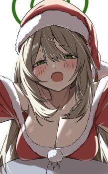 1girl absurdres alternate_costume blonde_hair blue_archive blush breast_rest breasts breasts_on_table commentary_request green_eyes green_halo halo hat highres huge_breasts long_hair mizumok1 nonomi_(blue_archive) open_mouth pov pov_crotch santa_costume santa_hat simple_background solo solo_focus white_background