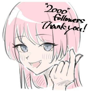 1girl bang_dream! bang_dream!_it&#039;s_mygo!!!!! chihaya_anon commentary_request fang finger_heart grey_eyes hand_up milestone_celebration open_mouth opuricheri pink_hair portrait simple_background solo white_background