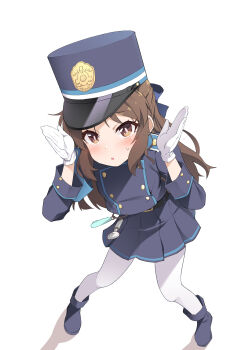 Rule 34 | 1girl, :o, absurdres, arms up, belt, belt charm, black belt, blue archive, blue boots, blue bow, blue hairband, blue hat, blue jacket, blue skirt, blush, boots, bow, brown eyes, brown hair, buttons, charm (object), commentary request, cosplay, crime prevention buzzer, dot nose, gloves, gradient background, hair bow, hairband, hat, highres, hikari (blue archive), hikari (blue archive) (cosplay), idolmaster, idolmaster cinderella girls, jacket, kanji connection, long hair, long sleeves, looking at viewer, miniskirt, name connection, nekono matatabi, pantyhose, parted lips, peaked cap, pleated skirt, shako cap, skirt, small sweatdrop, solo, standing, tachibana arisu, train conductor, whistle, white background, white gloves, white pantyhose
