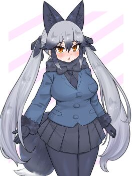 1girl alternate_hairstyle animal_ears aramaru black_bow black_bowtie black_gloves black_hair blush bow bowtie breasts commentary_request extra_ears fox_ears fox_tail fur_trim gloves grey_hair hair_between_eyes highres jacket kemono_friends large_breasts long_hair long_sleeves looking_at_viewer multicolored_hair pantyhose silver_fox_(kemono_friends) skirt solo tail twintails