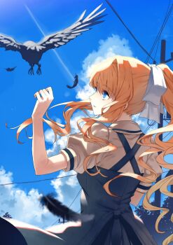 Rule 34 | 1girl, air (visual novel), back bow, bird, black dress, blonde hair, blue eyes, bow, cloud, collared shirt, crow, day, dress, falling feathers, feathers, from behind, hair ribbon, highres, kamio misuzu, long hair, looking at animal, ponytail, puffy short sleeves, puffy sleeves, ribbon, school uniform, shiro3necro, shirt, short sleeves, sidelocks, single hair intake, smile, solo, sora (air), utility pole, very long hair, white ribbon, white shirt