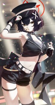 1girl :o absurdres arm_up armpits ayane_(blue_archive) ayane_(idol)_(blue_archive) belt black_collar black_gloves black_hair black_hat black_nails black_shorts black_vest blue_archive blurry blurry_background breasts cleavage collar commentary_request contrapposto crop_top crossed_bangs elf fingerless_gloves fingernails gloves hair_between_eyes hair_ornament halo hat highres idol_clothes large_breasts light_particles looking_at_viewer midriff nail_polish navel no_eyewear official_alternate_costume open_mouth pointy_ears red_halo short_hair short_shorts shorts skindentation solo songchuan_li stage stomach studded_collar thigh_strap thighs vest white_belt yellow_eyes
