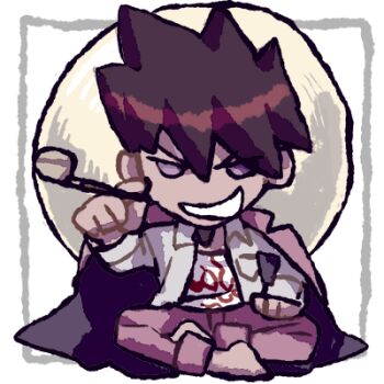 Rule 34 | 1boy, barefoot, breast pocket, chibi, coat, coat on shoulders, collared coat, collared jacket, commentary request, crossed ankles, danganronpa (series), danganronpa v3: killing harmony, dark-skinned female, dark skin, denim, facial hair, flame print, goatee, grey hair, grin, hair between eyes, hand on own thigh, happy, holding, holding smoking pipe, jacket, jeans, lapels, long sleeves, lowres, male focus, momota kaito, moon, na no (nanoatm), notched lapels, open clothes, open jacket, outside border, pants, picture frame, pink coat, pink pants, pocket, print shirt, purple coat, purple eyes, purple hair, shirt, short hair, sitting, smile, smoking pipe, solo, spiked hair, transparent background, two-sided coat, two-sided fabric, v-shaped eyebrows, white shirt