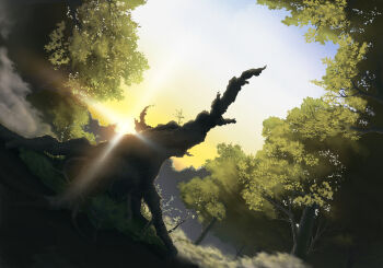 commentary_request dutch_angle evening forest gradient_sky highres nature no_humans original outdoors scenery sky sora_(sky_back) sun sunset tree tree_stump