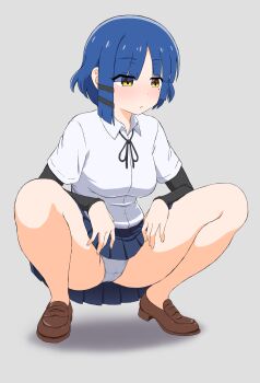 1girl absurdres black_ribbon black_shirt blue_hair blue_skirt bocchi_the_rock! cameltoe collared_shirt commentary_request crotch_seam full_body gradient_background grey_background hair_ornament hairclip highres loafers long_sleeves miniskirt neck_ribbon paid_reward_available panties parallel_hairclips pleated_skirt ribbon shirt shirt_under_shirt shoes short_hair skirt solo spread_legs squatting thighs underwear usazirou539 white_panties white_shirt yamada_ryo yellow_eyes