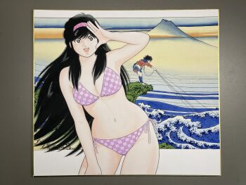 Rule 34 | 1boy, 1girl, aoba shunsuke, arm up, armpits, asaoka natsumi, bikini, black hair, breasts, checkered bikini, checkered clothes, cleavage, commentary request, cowboy shot, fishing, fishing line, hairband, hand on own thigh, highres, japanese clothes, koshu kajikazawa, large breasts, leaning forward, long hair, looking at viewer, miura mitsuru, mount fuji, navel, official artist extra, open hand, open mouth, pink bikini, pink hairband, short hair, side-tie bikini bottom, smile, solo focus, standing, swimsuit, teeth, the kabocha wine, traditional media, upper teeth only, very long hair, waves