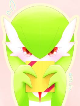 Rule 34 | 1girl, artist name, blush, bob cut, box, colored skin, embarrassed, female focus, flying sweatdrops, gardevoir, gen 3 pokemon, gift, gift box, green hair, green skin, hair between eyes, half-closed eyes, hands up, heart, heart in eye, holding, holding box, holding gift, looking at viewer, multicolored skin, nintendo, outline, pink background, pokemon, pokemon (creature), red eyes, sahari (373 lsa), short hair, shy, signature, simple background, solo, straight-on, symbol in eye, twitter username, two-tone skin, upper body, valentine, white skin, yellow outline