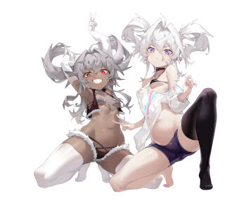 2girls absurdres ahoge arm_behind_head armpits arms_up bare_shoulders black_bra black_thighhighs bra breasts character_request check_character chinese_commentary commentary_request dark-skinned_female dark_skin elbow_gloves full_body girls&#039;_frontline gloves grey_hair grin hair_between_eyes hair_intakes heart heart-shaped_pupils highres kneeling long_hair looking_at_viewer medium_hair micro_shorts multiple_girls nail_polish navel off-shoulder_shirt off_shoulder on_one_knee outstretched_arm pa-15_(girls&#039;_frontline) parted_lips pink_eyes pink_nails pointy_ears red_eyes shanyao_jiang_tororo shirt shorts side-by-side simple_background single_bare_foot single_thighhigh small_breasts smile spread_legs symbol-shaped_pupils thighhighs tiptoes twintails underwear v white_background white_gloves white_hair white_shirt white_thighhighs