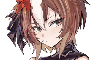 1girl alumina_(kennmeidesu) bare_shoulders blush brown_eyes brown_hair eyeshadow hair_between_eyes hair_ornament hair_ribbon highres horse_girl japanese_clothes looking_at_viewer makeup multicolored_hair origami purple_ribbon red_eyeshadow ribbon serious short_hair simple_background tsurime umamusume white_background white_hair yaeno_muteki_(attack_of_the_four_white_meteors)_(umamusume) yaeno_muteki_(umamusume)