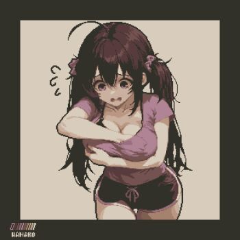 1girl ahoge arm_under_breasts black_hair breasts collarbone dolphin_shorts embarrassed furrowed_brow hair_between_eyes hair_ornament hair_scrunchie highres large_breasts long_hair low_twintails open_mouth original pink_shirt pixel_art purple_eyes purple_scrunchie scrunchie shirt short_sleeves shorts sidelocks solo specialhanako thighhighs twintails wide-eyed