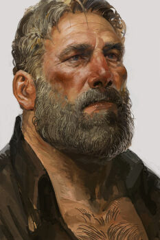 1boy bara beard blue_eyes bruise chest_hair_peek collared_shirt connected_beard facial_hair full_beard grey_hair injury male_focus mature_male mustache old old_man original ououou_(xouxouou) portrait realistic shirt short_hair solo thick_beard thick_eyebrows thick_mustache thick_neck tsurime wrinkled_skin