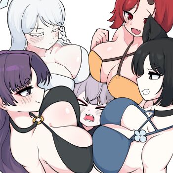 &gt;_&lt; 5girls animal_ears bikini black_bikini black_eyes black_hair blue_archive blue_bikini blush breasts cat_ears cleavage closed_eyes closed_mouth grey_hair highres kikyou_(blue_archive) kikyou_(swimsuit)_(blue_archive) large_breasts mago_cats multiple_girls nagusa_(blue_archive) nagusa_(swimsuit)_(blue_archive) open_mouth purple_eyes purple_hair red_eyes red_hair renge_(blue_archive) renge_(swimsuit)_(blue_archive) short_hair shuro_(blue_archive) simple_background smile surrounded surrounded_by_hands swimsuit white_background white_hair yellow_bikini yukari_(blue_archive) yukari_(swimsuit)_(blue_archive)