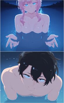 1boy 1girl ai-assisted black_eyes black_hair blue_eyes breasts closed_mouth collarbone commentary completely_nude english_commentary hair_between_eyes highres i'll_teach_you_everything_(chainsaw_man) lake looking_at_viewer looking_up medium_hair nanakusa_nazuna_(yofukashi_no_uta) navel night no_nipples nude outdoors partially_submerged pink_hair rawr69 ripples short_hair sidelocks sky small_breasts smile star_(sky) starry_sky water wet wet_hair yamori_kou yofukashi_no_uta