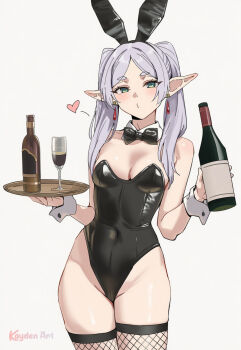 1girl alternate_costume animal_ear_hairband animal_ears artist_name bare_shoulders black_bow black_bowtie black_leotard bottle bow bowtie breasts commentary_request covered_navel cowboy_shot cup detached_collar drinking_glass elf fake_animal_ears fishnet_thighhighs fishnets frieren green_eyes grey_hair hairband heart highres holding holding_bottle holding_tray kaydenart leotard long_hair looking_at_viewer parted_bangs playboy_bunny pointy_ears rabbit_ear_hairband rabbit_ears simple_background small_breasts solo sousou_no_frieren standing strapless strapless_leotard thighhighs tray twintails white_background white_wrist_cuffs wine_bottle wine_glass wrist_cuffs