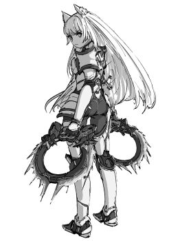1girl animal_ears ass cat_ears cat_girl chakram chin_bell closed_mouth commentary full_body greyscale highres infinity_symbol long_hair looking_at_viewer looking_back m_(xenoblade) monochrome simple_background solo standing symbol_in_eye v-shaped_eyebrows weapon white_background xenoblade_chronicles_(series) xenoblade_chronicles_3