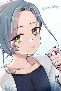 1girl black_shirt brown_eyes closed_mouth commentary_request grey_hair jacket kantai_collection one-hour_drawing_challenge open_clothes open_jacket shirt shizukuneko short_hair simple_background smile solo tamanami_(kancolle) white_background white_jacket