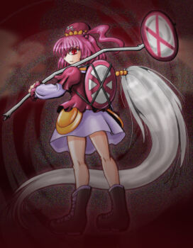 1girl boots from_behind hair_bobbles hair_ornament hat highres kappa kawashiro_mitori lace-up_boots layered_sleeves long_sleeves looking_back mail_(mail_gell) no_stopping_sign pink_hair red_eyes road_sign short_hair side_ponytail sign skirt solo static tassel touhou white_skirt