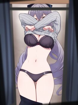 absurdres black_bra black_panties bra breasts bronya_zaychik bronya_zaychik_(silverwing:_n-ex) cleavage clothes_lift commentary_request grey_hair grey_sweater highres honkai_(series) honkai_impact_3rd lace lace-trimmed_bra lace-trimmed_panties lace_trim large_breasts lifting_own_clothes long_hair milliani navel panties stomach sweat sweater sweater_lift underwear undressing very_long_hair voyeur_pov voyeurism
