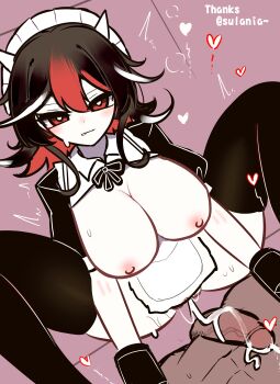 1boy 1girl absurdres after_vaginal aftersex alternate_costume apron black_bow black_bowtie black_dress black_hair black_thighhighs blush bow bowtie breasts bright_pupils chinese_commentary closed_mouth commentary_request cone_horns cowgirl_position cum cum_in_pussy cum_string dress enmaided feet_out_of_frame girl_on_top hetero highres horns kijin_seija large_breasts looking_at_viewer maid maid_headdress multicolored_hair nipples penis pov pov_crotch purple_background pussy red_eyes red_hair shen_bi_ren_(user_rjgy2824) short_hair small_horns smile solo_focus straddling streaked_hair thighhighs touhou uncensored variant_set waist_apron white_apron white_hair white_pupils