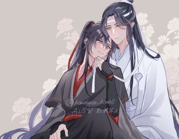 2boys bishounen black_hair black_hanfu blush chinese_clothes closed_mouth couple floral_background flower hair_between_eyes hair_ribbon hanfu headband holding holding_ribbon koma_hase lan_wangji long_hair long_sleeves looking_at_another looking_at_viewer male_focus modao_zushi multiple_boys ponytail purple_eyes red_ribbon red_sash ribbon robe sash sidelocks sitting sitting_on_lap sitting_on_person sleeves_past_wrists smile topknot twitter_username very_long_hair watermark wei_wuxian white_hanfu white_headband white_ribbon white_sash wide_sleeves xiao_guan_(headdress) yaoi yellow_eyes