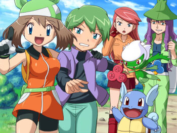 2boys 2girls :d :o alternate_costume arm_around_neck backpack bag bandana bare_arms bare_shoulders belt belt_pouch belt_skirt bike_shorts blue_eyes blush boots bouncing_breasts breasts brown_hair bush clenched_teeth cloud coat collared_dress collared_shirt day dragging dress drew_(pokemon) embarrassed fangs fanny_pack gen_1_pokemon gen_4_pokemon gloves grass green_bandana green_hair grey_hair grin hand_on_another's_shoulder harley_(pokemon) hat holding_hands knee_boots long_hair long_sleeves looking_at_viewer may_(pokemon) may_(pokemon_emerald) medium_breasts multicolored_gloves multiple_boys multiple_girls nature nintendo open_clothes open_mouth open_shirt oppai_loli orange_dress orange_shirt outdoors pants path pencil_skirt pointing pointing_at_viewer pokemoa pokemon pokemon_(anime) pokemon_(creature) pokemon_dp075 pokemon_dppt_(anime) pokemon_emerald pokemon_rse pokemon_rse_(anime) pouch purple_hair red_eyes red_hair road roserade shirt short_dress short_hair short_sleeves skirt sky sleeveless sleeveless_dress sleeveless_shirt smile solidad_(pokemon) sportswear standing surprised swept_bangs teeth unaligned_breasts walking wartortle white_gloves wing_collar
